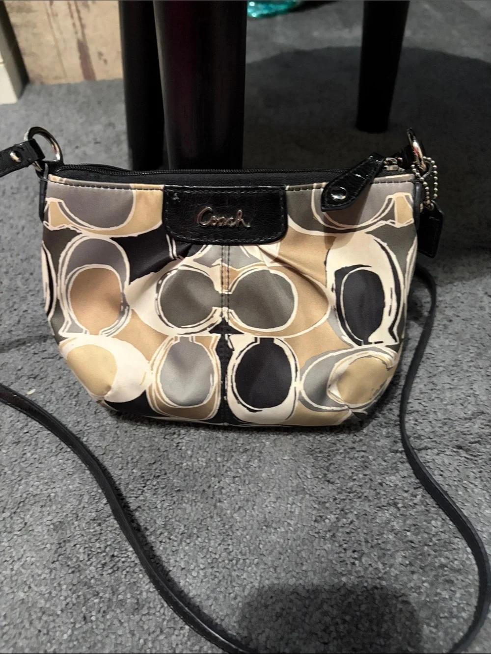 Coach Signature Circle Pattern Crossbody in Beige, Black and Gray